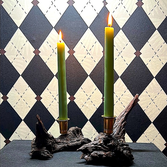 Vintage Driftwood Candle Holders – Rustic Wood with Shiny Bronze Accents - Picture 5 of 12